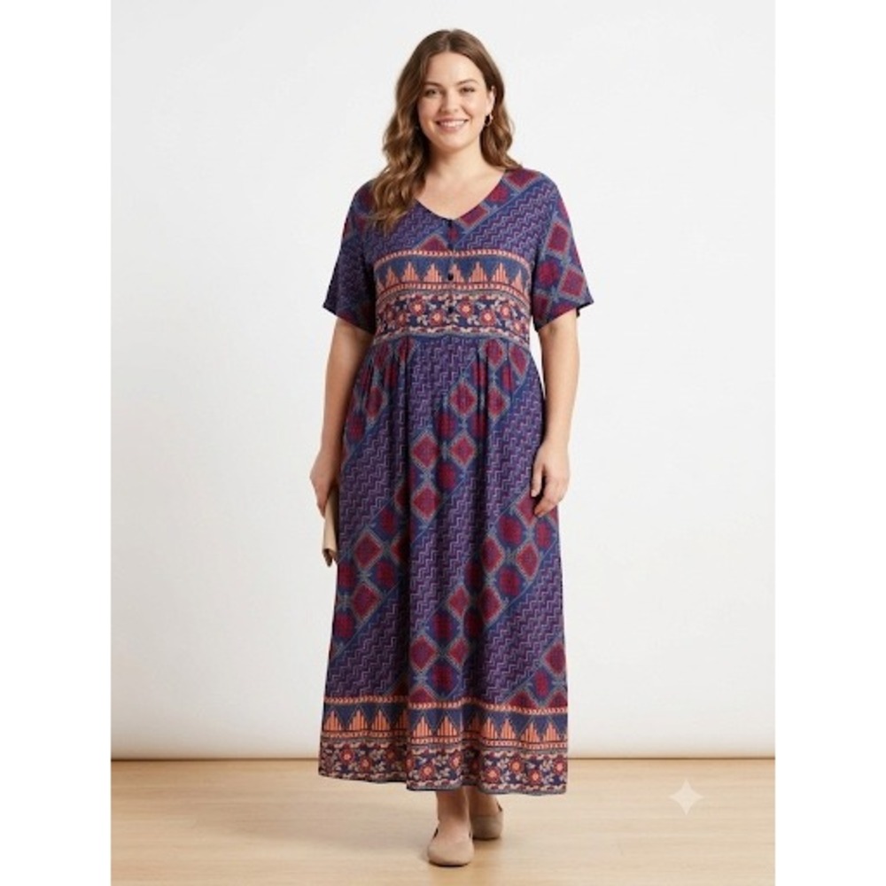 VTG Embleme Boho Rayon Dress 3X Plus Size Made in India Geometric Border Print